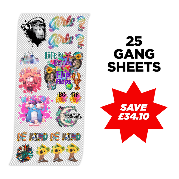 Custom DTF Heat Transfers Gang Sheet Bulk Order - 25 Gang Sheets